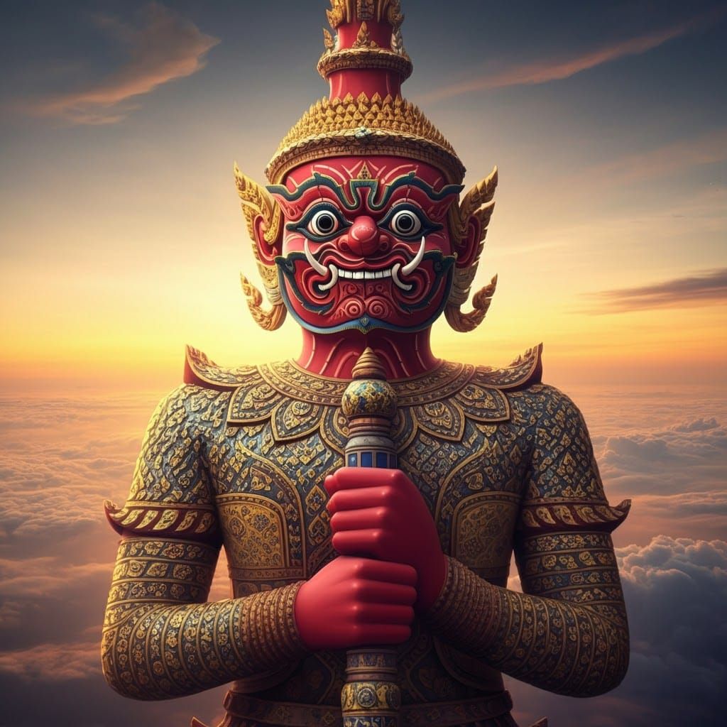 Majestic Red Thai Giant Khon with Golden Accents