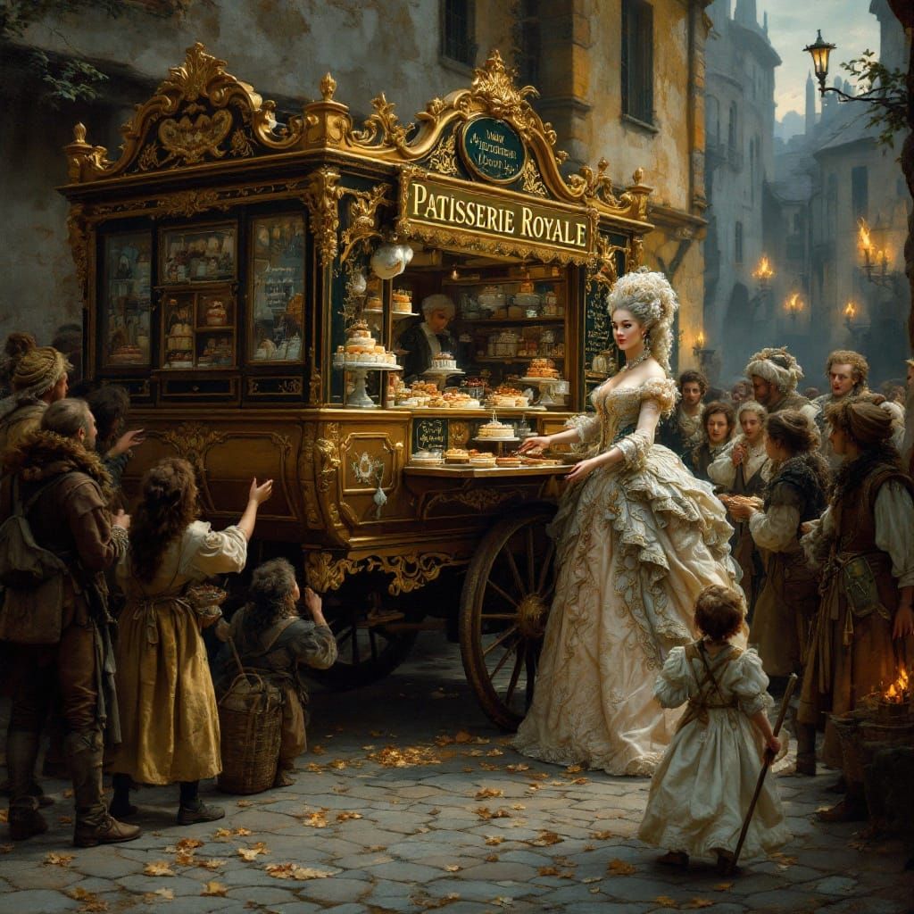 Rococo Queen Shares Patisserie with Peasants in Gilded Van