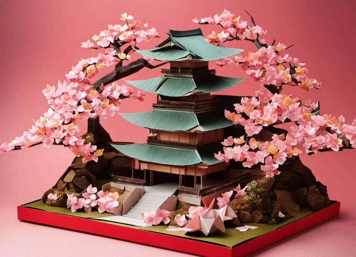 Origami Shogun Palace with Cherry Blossoms