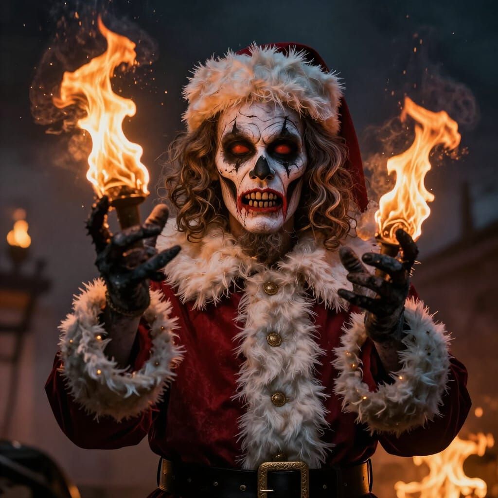 Dark Zombie Santa Claus Under Fiery Lightning Sky