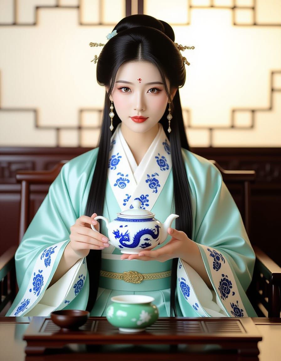 Elegant Chinese Model Performing Tea Ceremony in Traditional...