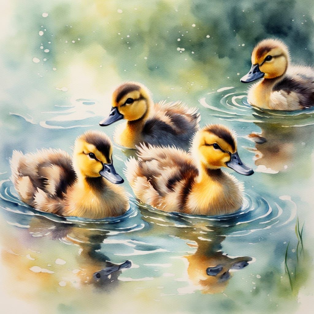 Watercolor Ducklings Swimming in Sunlight