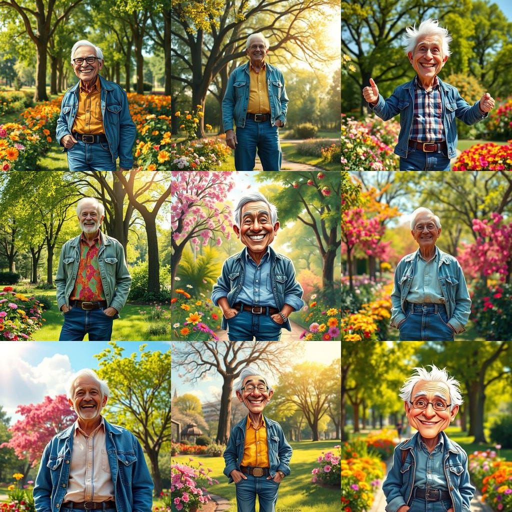 Whimsical Airbrush Portrait of Happy Elderly Man in Park