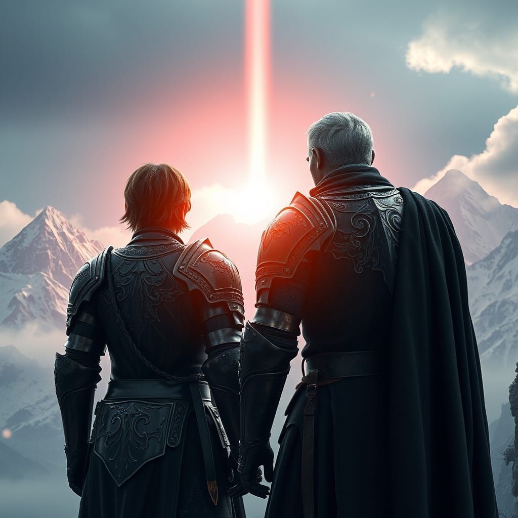 Two Arthurian Knights in Black Armor on Snowy Mountain