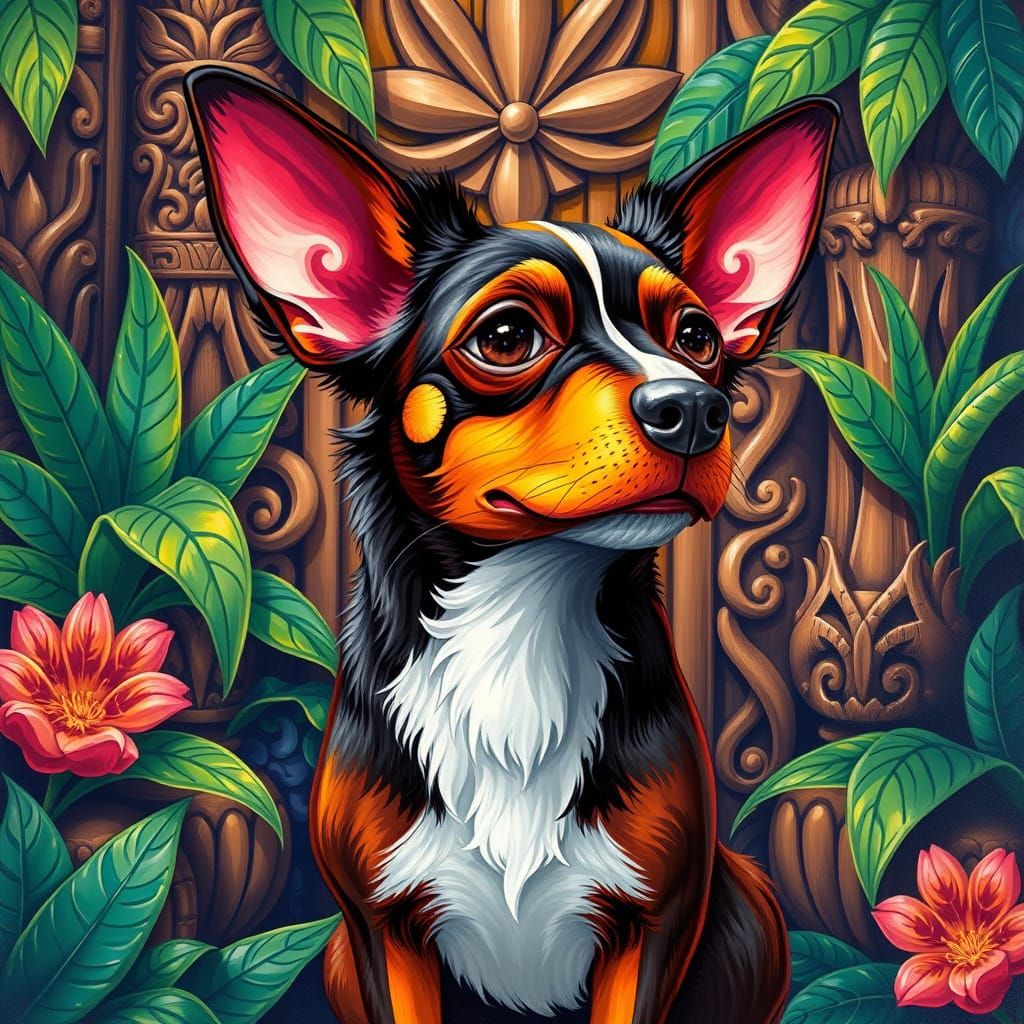 Vibrant Tiki Dog Portrait in Lowbrow Art Style