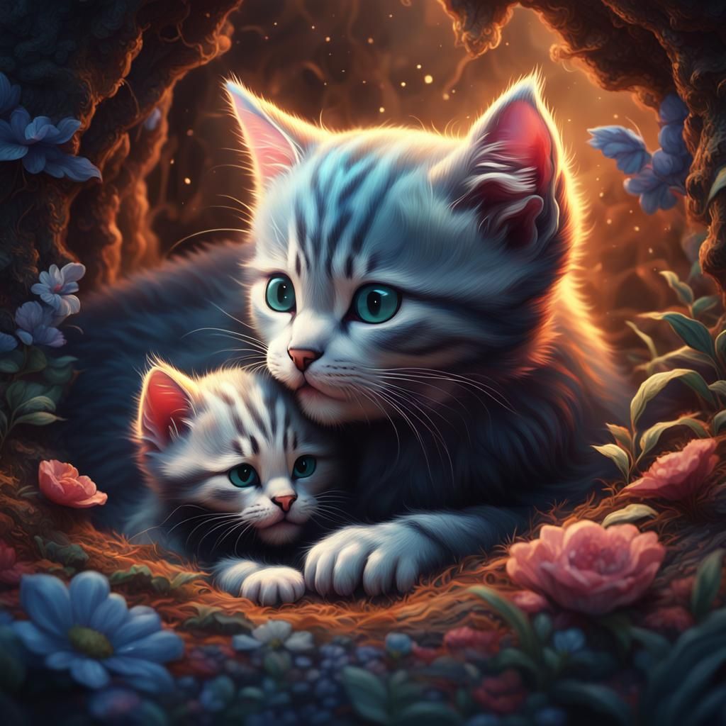 Cute Kitten Cuddles Mother: Detailed Digital Painting