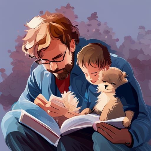 Father and Son Reading Under Colorful Tree