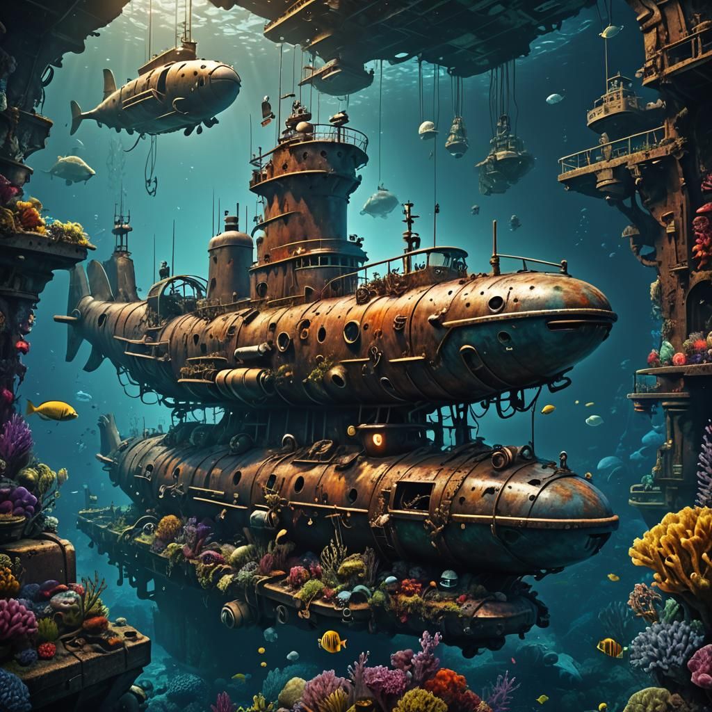 Steampunk submarine arriving at base
