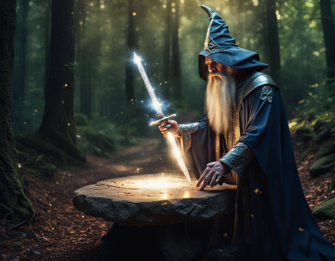Wizard Enchanting Sword with Magic in Forest