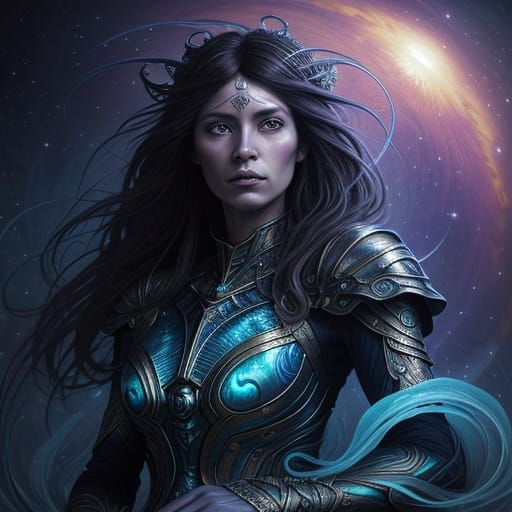 Colossal Space Jellyfish with Goddess, in Dark Fantasy Art