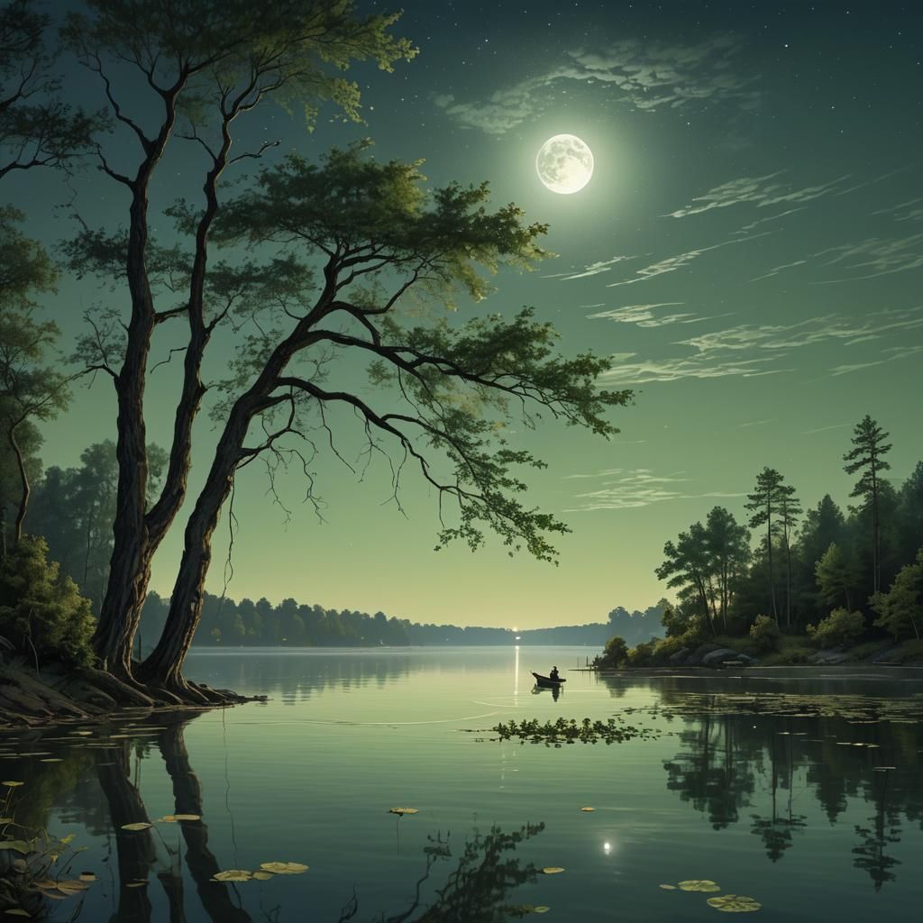 Moonlit Fisherman on Serene Lake: Digital Art