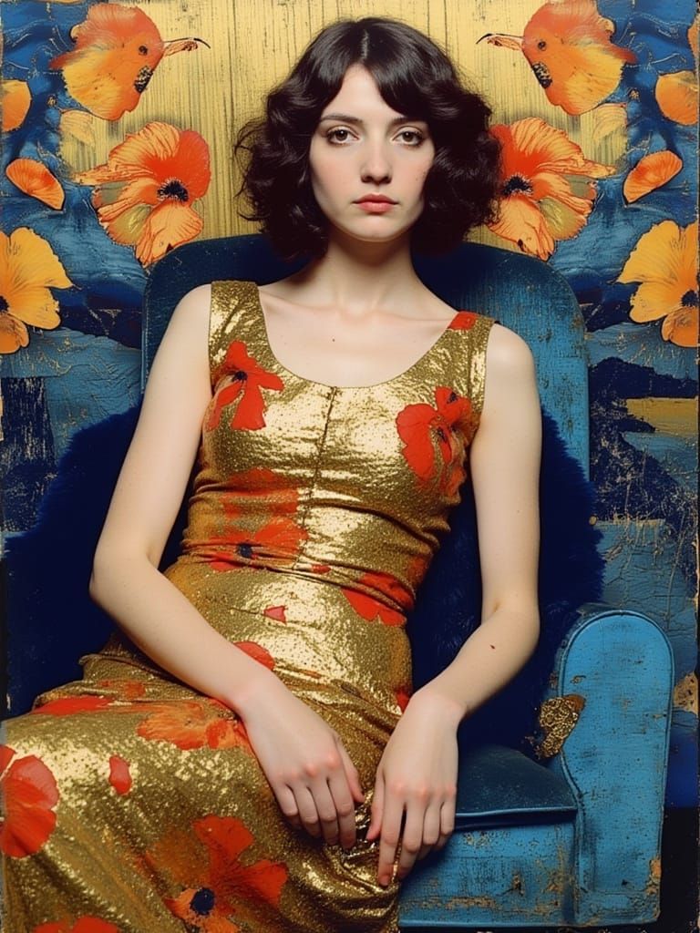 Woman in Vibrant Blues and Gold, Inspired by Gustav Klimt's ...