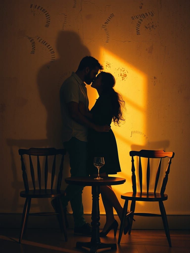 Softly Lit Silhouettes on Rustic Wall in Warm Intimate Momen...