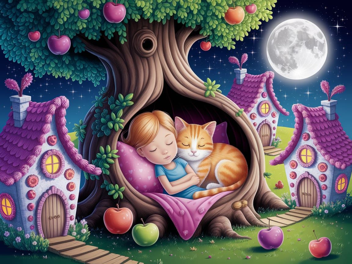 Whimsical Dreamland Scene with Cat and Fairy Houses