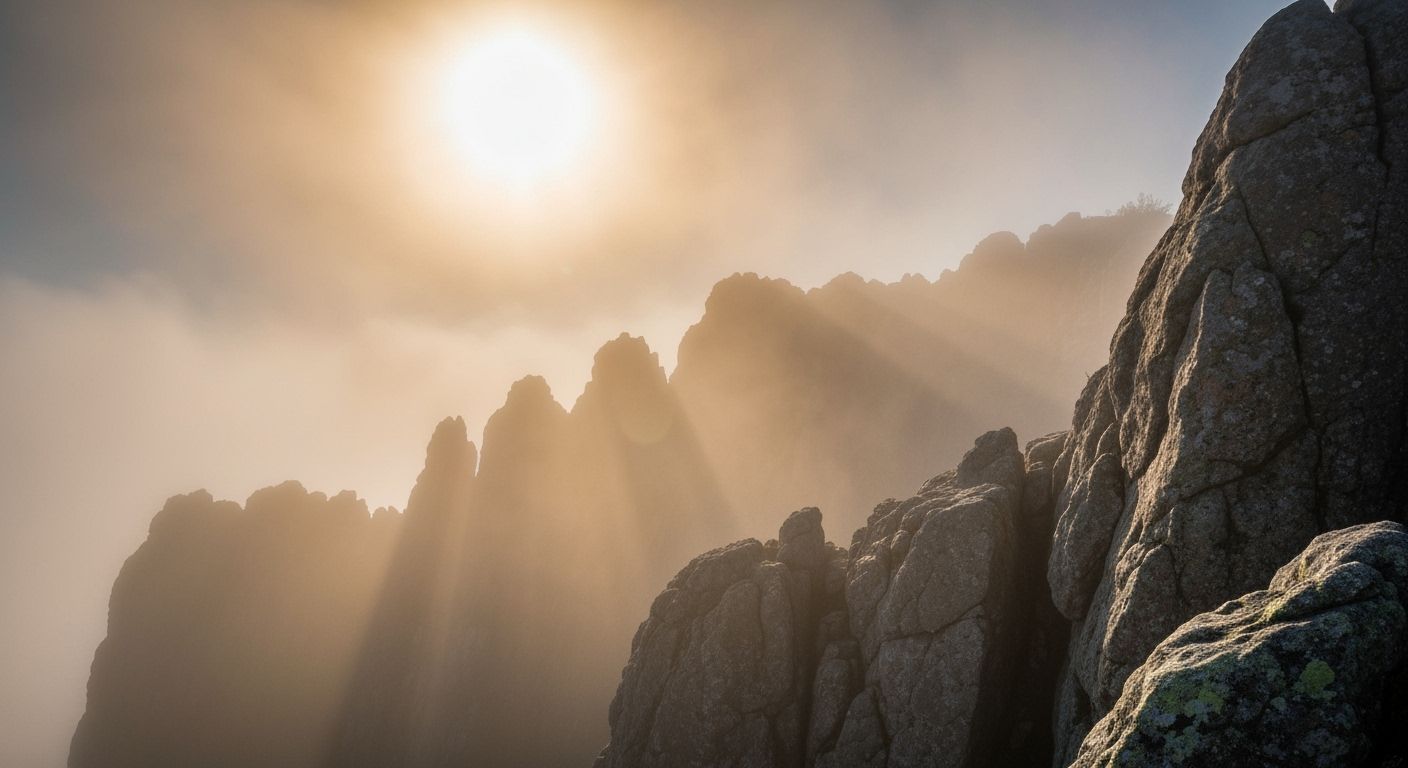 Sunlit Rocky Landscape with Misty Fog