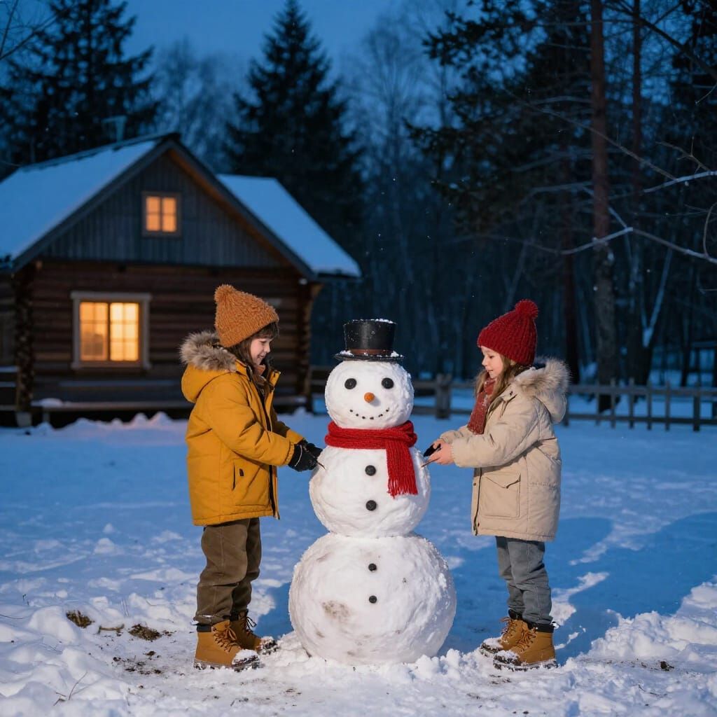 Brother and Sister Build Snowman by Forest House