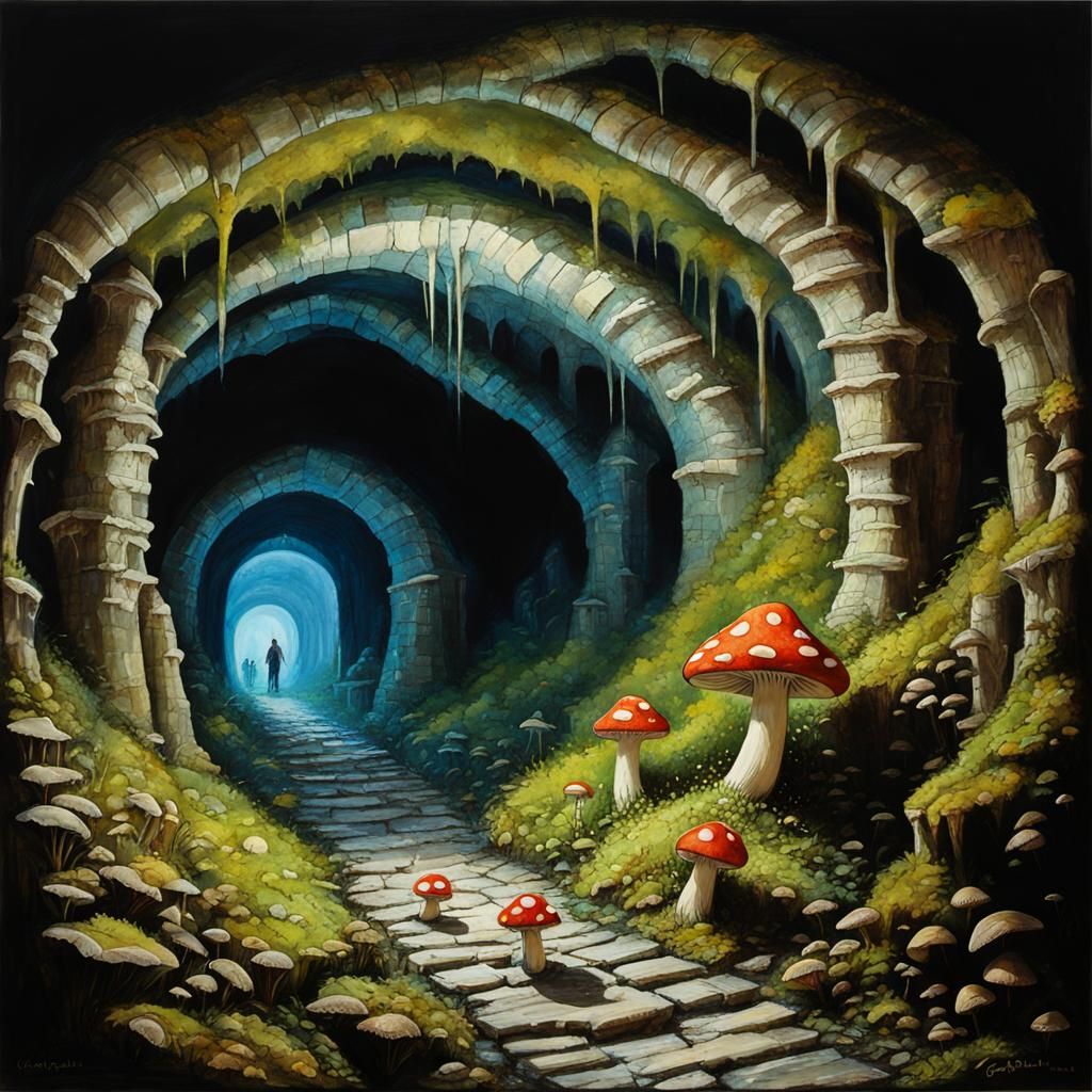 Mushroom Goblin Myconid Exploring Catacombs in Mixed Media