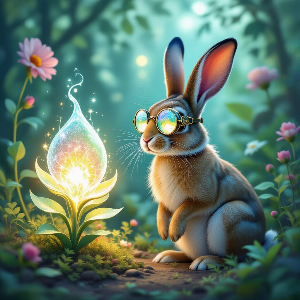 Whimsical Hare with Holographic Monocle and Bioluminescent P...