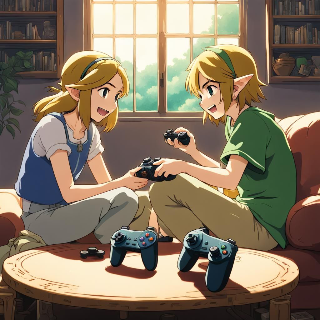 Link and Zelda Play Video Games, Anime Style