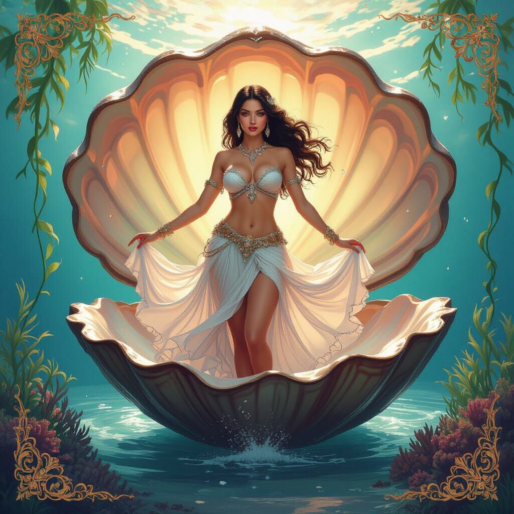 Goddess Emerges from Clam Shell in Pinup Style