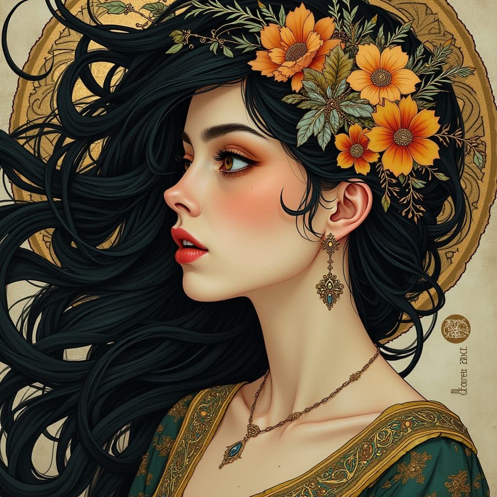 Art Nouveau Portrait of a Woman with Floral Hair