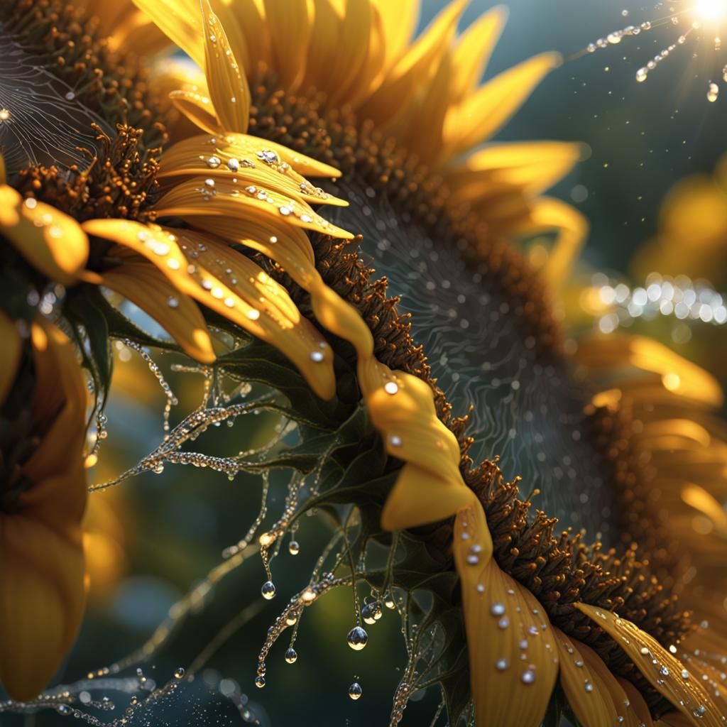 Sunflower in Sunlight with Spiderweb: Detailed Digital Art