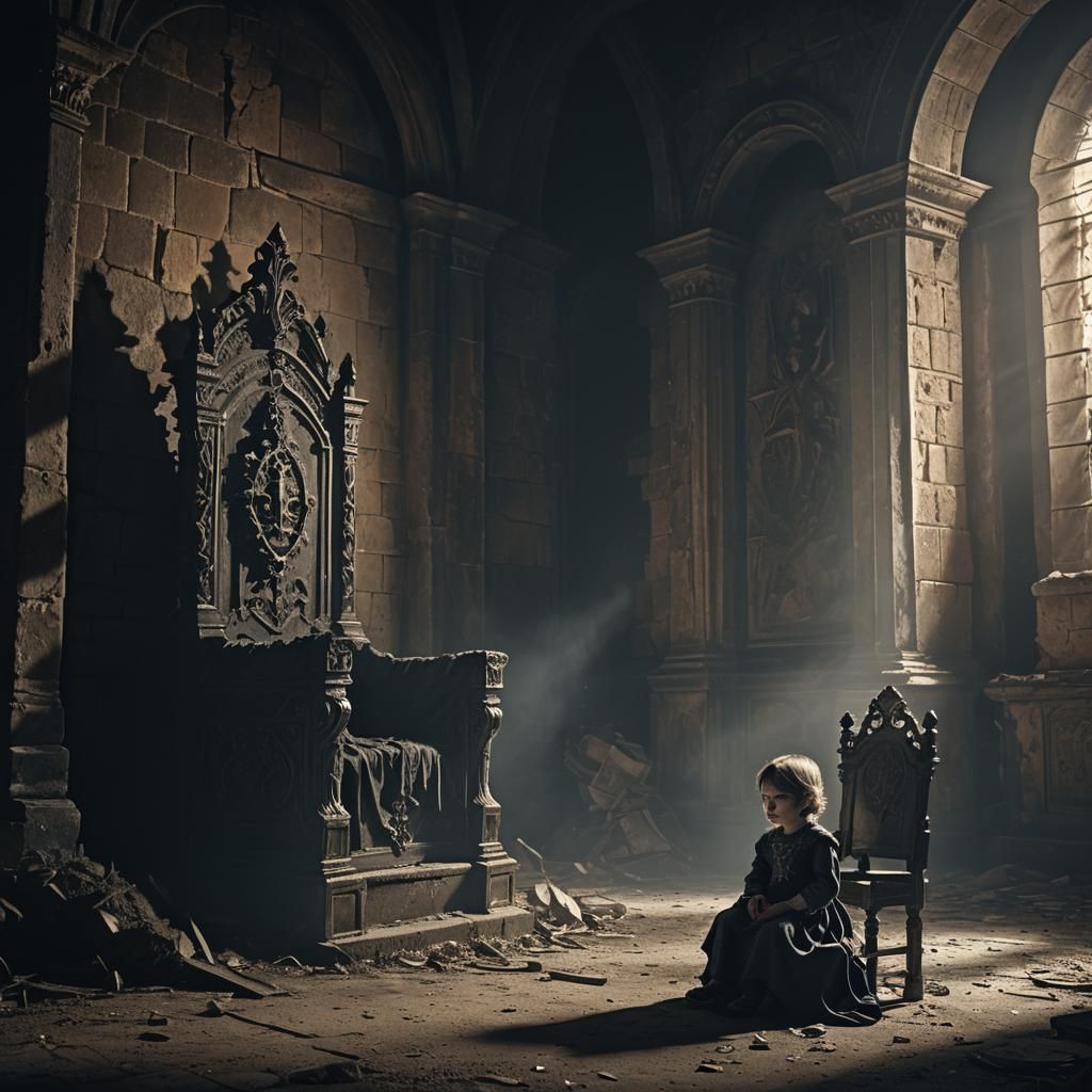 Crying Child on Throne in Abandoned Castle