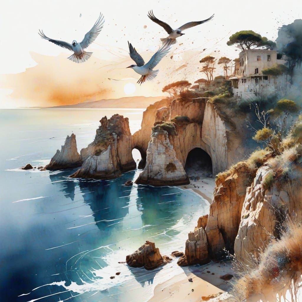 Vibrant Mediterranean Coastline at Sunset with Majestic Seab...