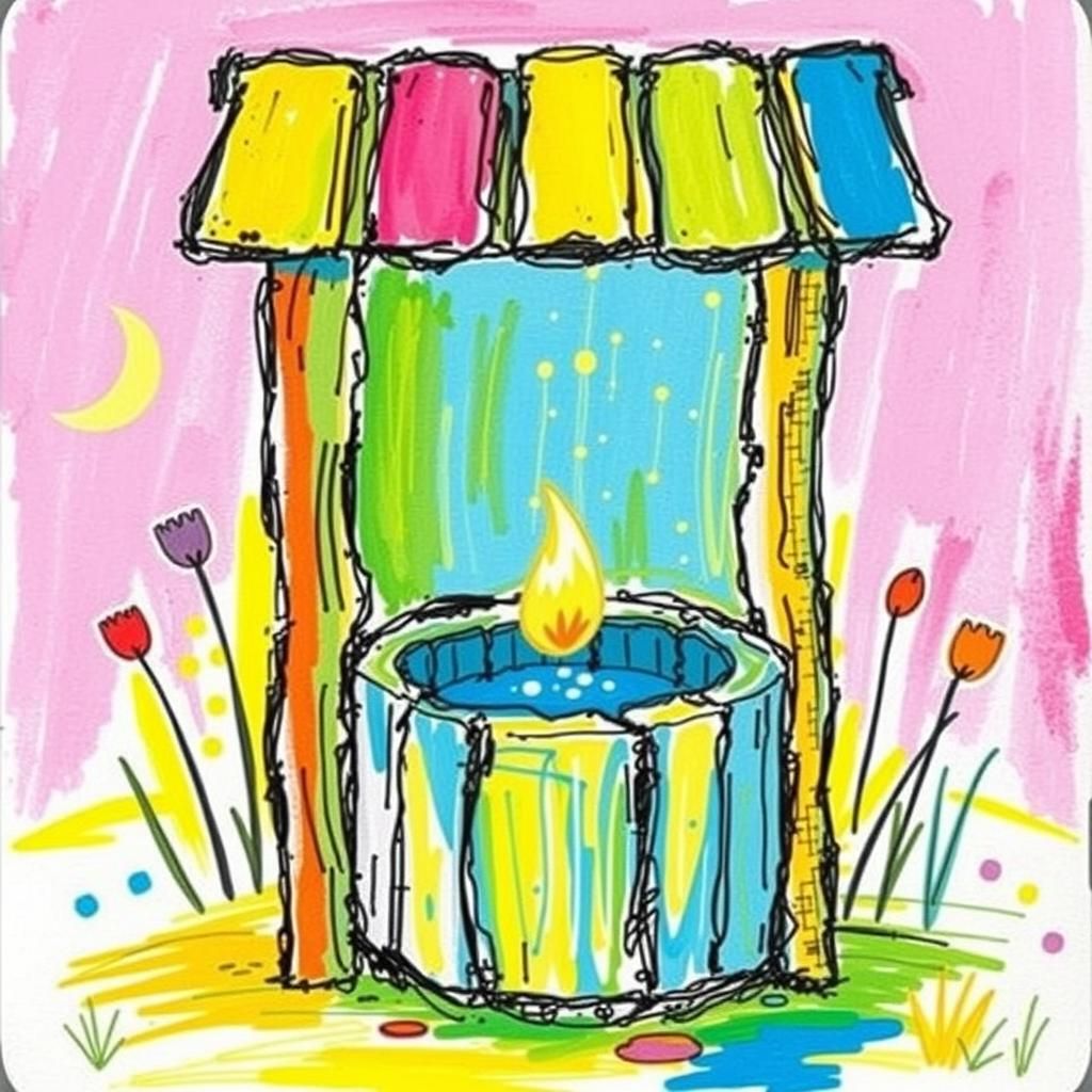 Whimsical Wishing Well in Childlike Colored Pencil Style