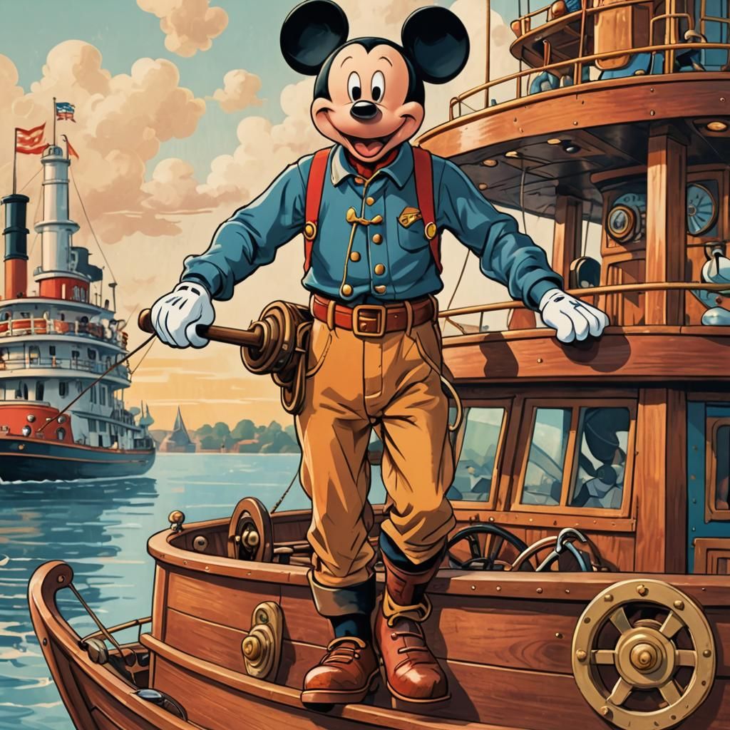 Mickey Mouse Piloting Steamboat in Vintage Cartoon Style