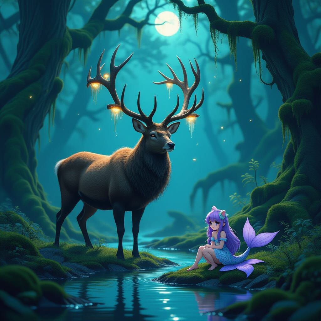 Majestic Bioluminescent Stag in Enchanted Forest Clearing