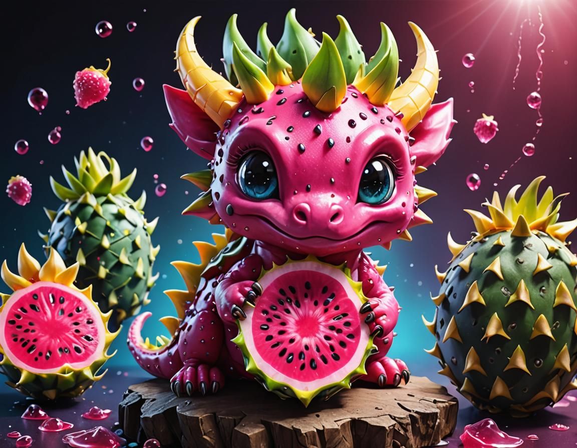 Adorable Kawaii Dragonfruit Dragon in Mixed Media