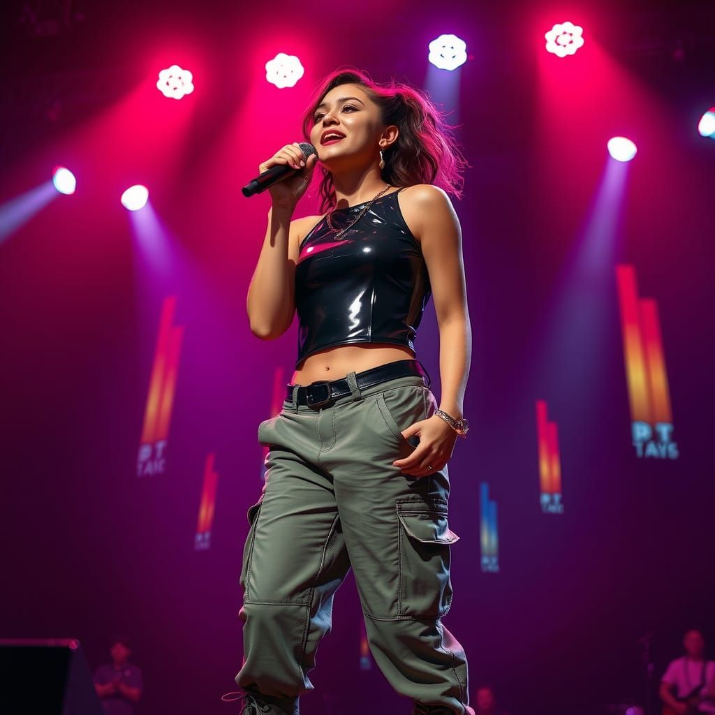 Confident Singer on Stage in Futuristic Style