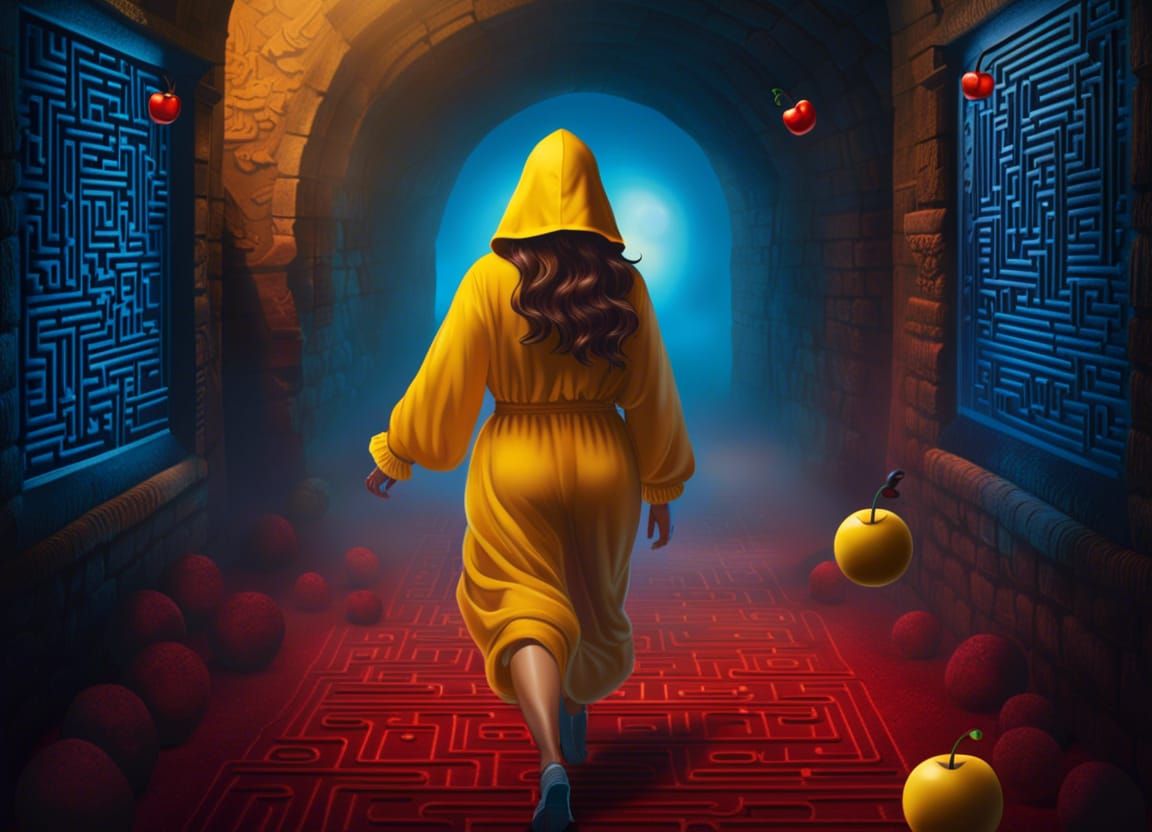 Pac-Man Woman in Labyrinth: Vintage Comic Art