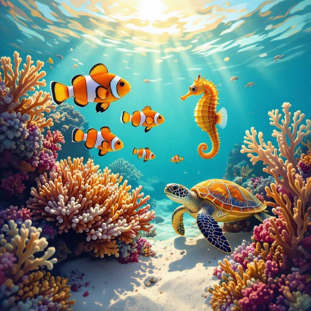 Underwater Reef Scene with Clownfish and Seahorses