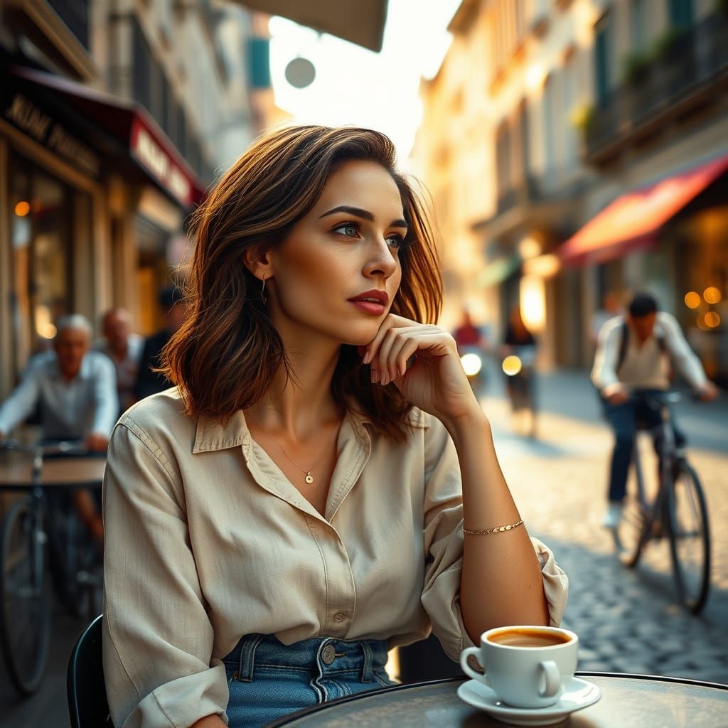 Woman Enjoying Golden Hour at European Cafe