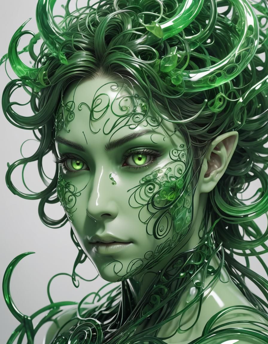 Abstract Green Demon Face in 3D Anime Style