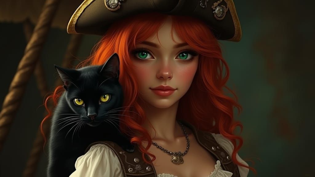 Pirate Woman with Red Hair and Black Cat, Renaissance Style