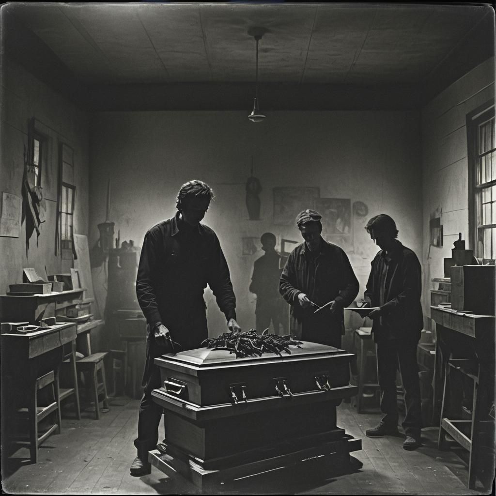 Multi-Armed Figure with Casket: Sinister Charcoal Painting