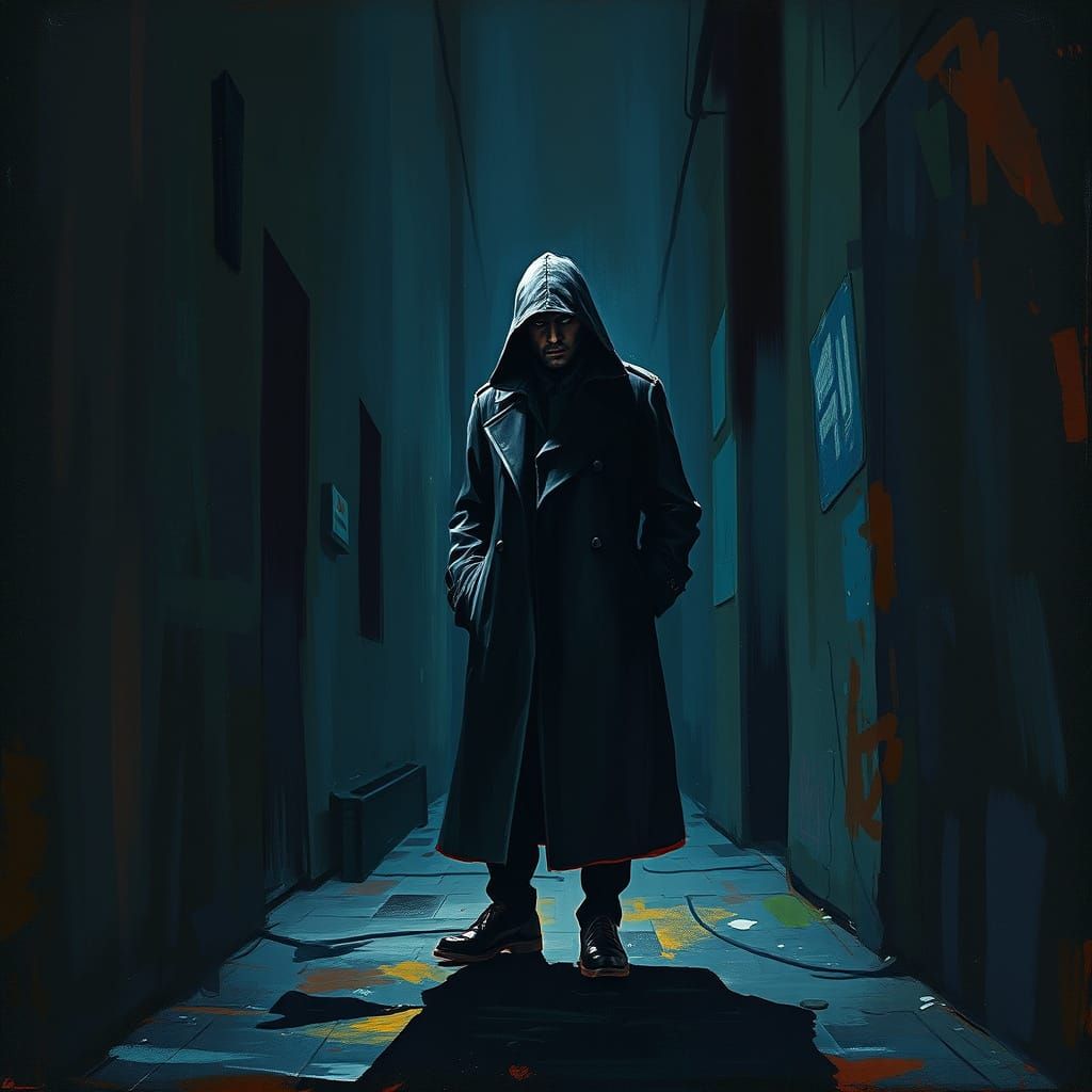 Mysterious Figure in Dimly Lit Alleyway, Noir Style