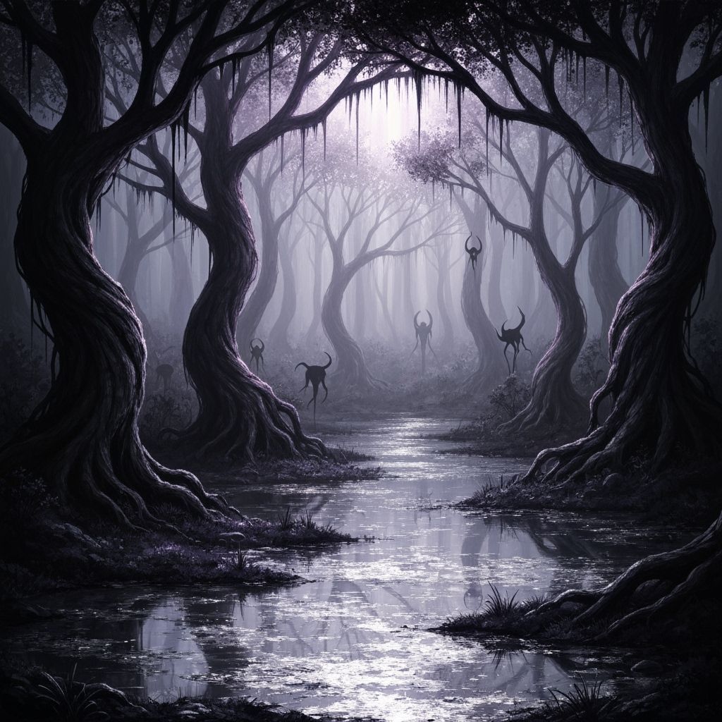 Mystical Forest with Twisted Trees and Shadow Creatures