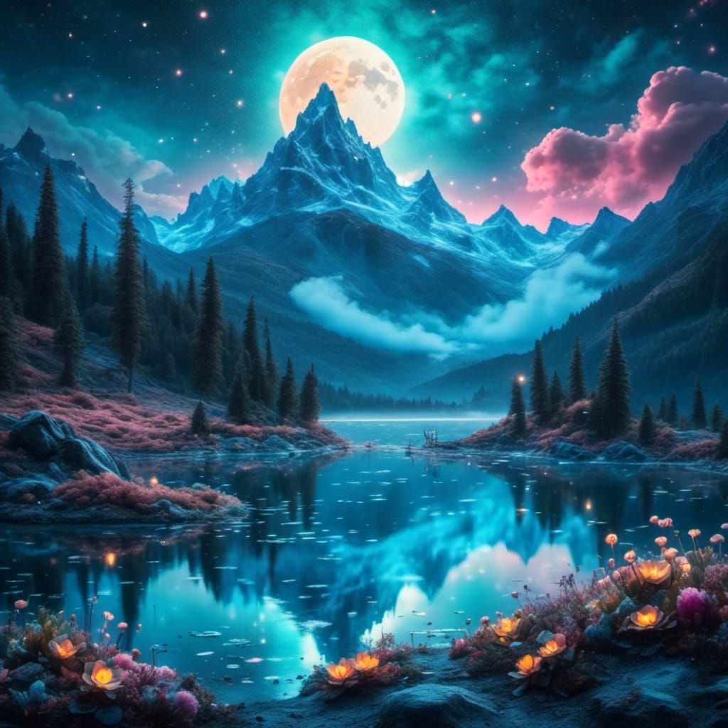 Full Moon Over Glacial Lake in Ethereal Landscape