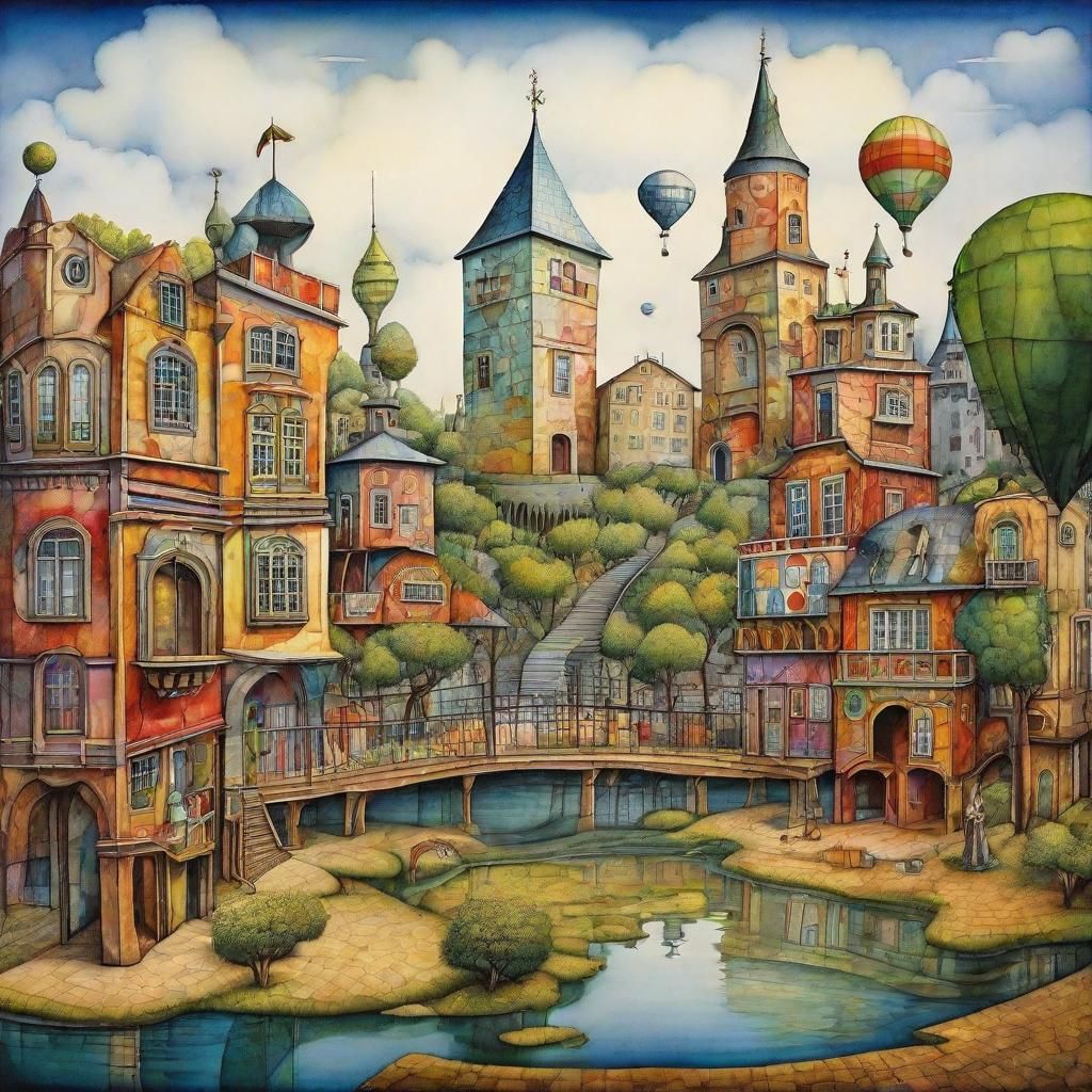 Colorful Cubist Amusement Park in Watercolor Style