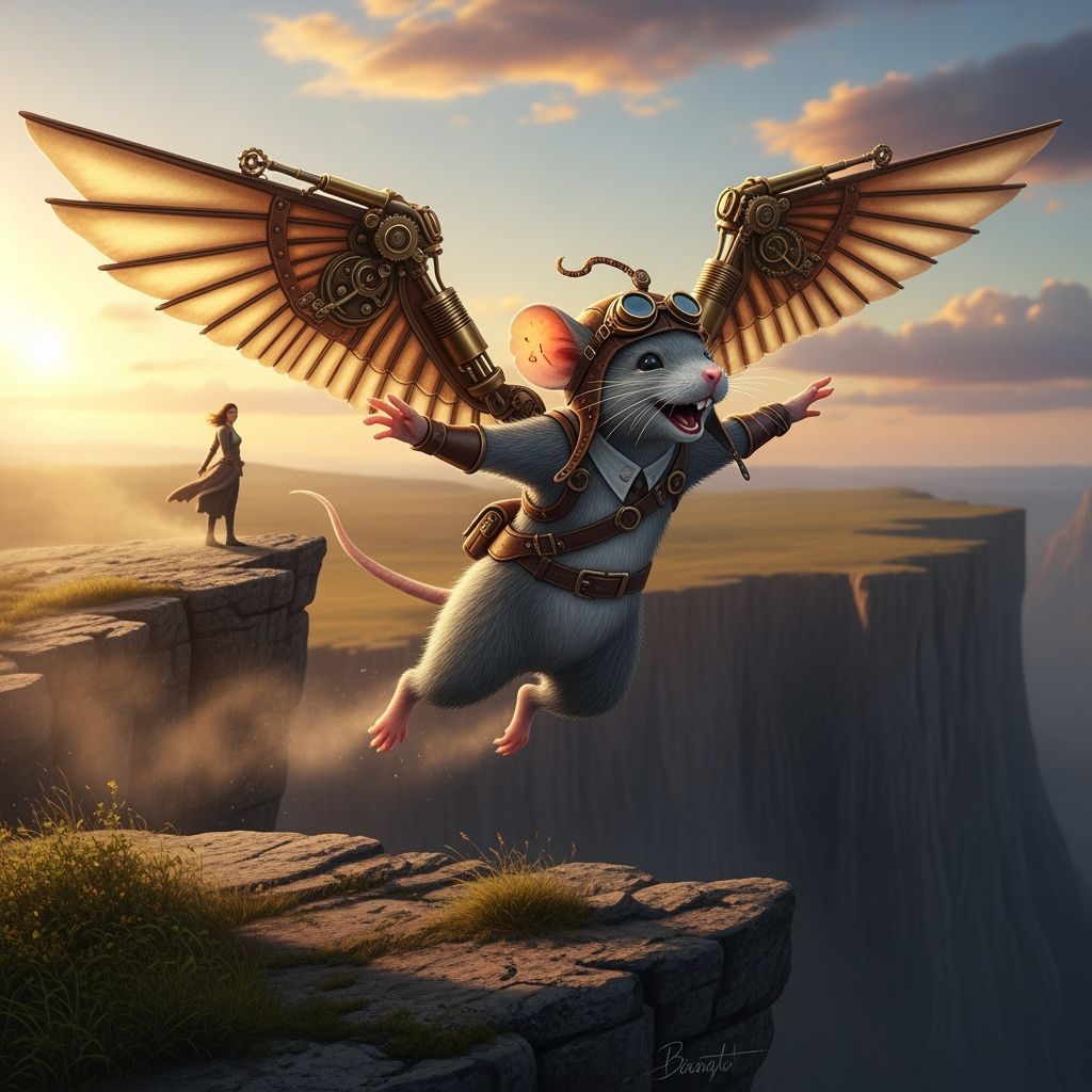 Steampunk Mouse Soaring Above Cliff at Sunset