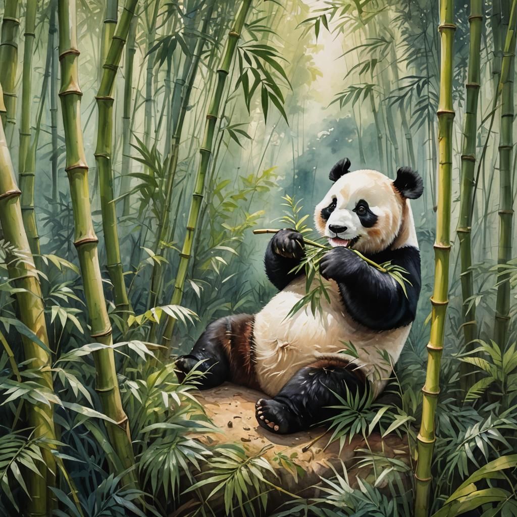 Panda Munching Bamboo in Sunny Forest, Watercolor Style