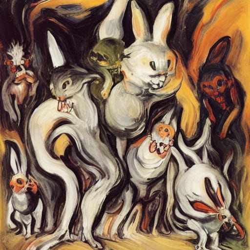 Surreal Train of Demonic Rabbits in a Dark Impressionist Sty...