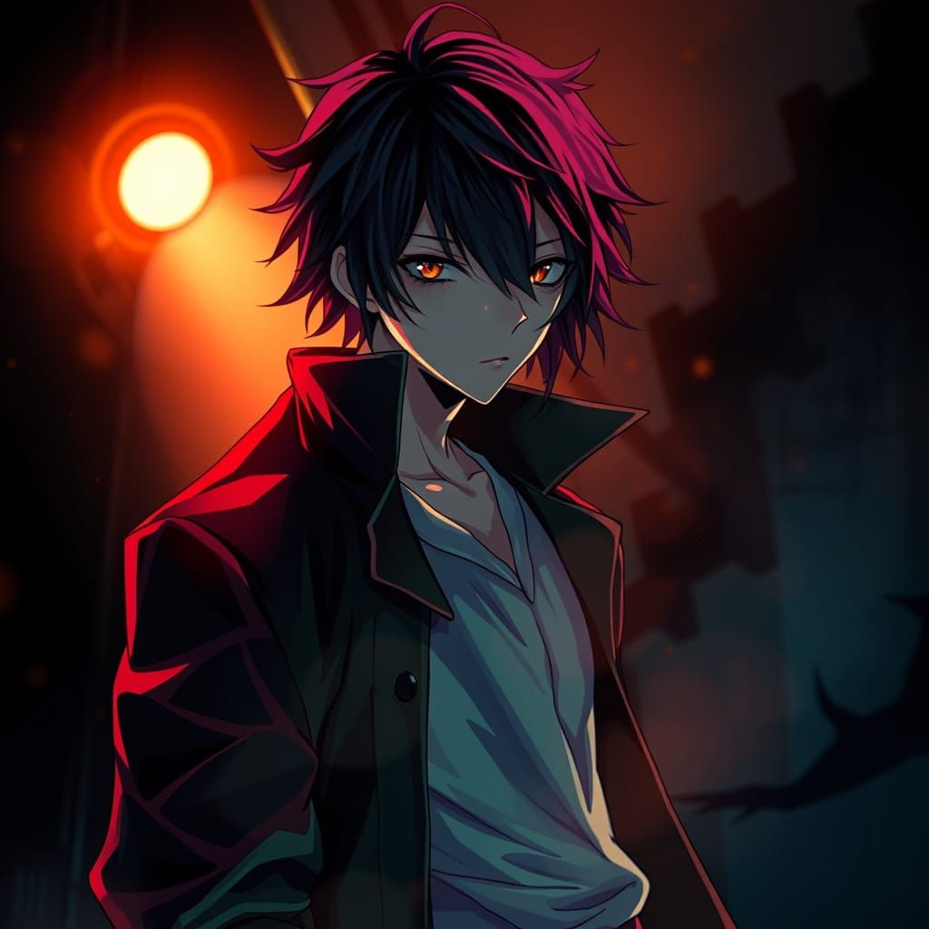 Mysterious Anime Anti-Hero in a Vibrant, Moody Setting