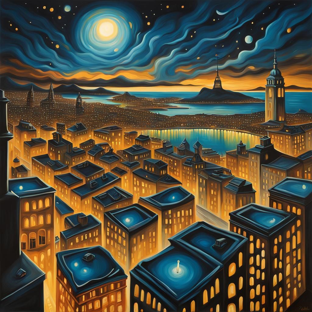 Surreal Cityscape at Night as Melting Oil Painting