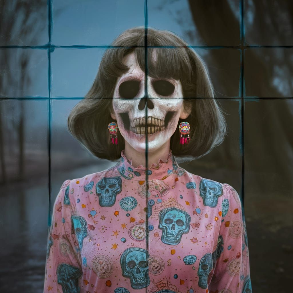 Ghostly Woman in Pastel Dress with Skull Print