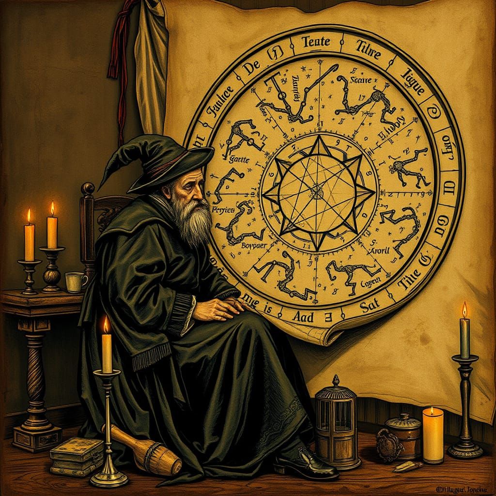 Medieval Astrologer Studies Celestial Tapestry in Warm, Mute...